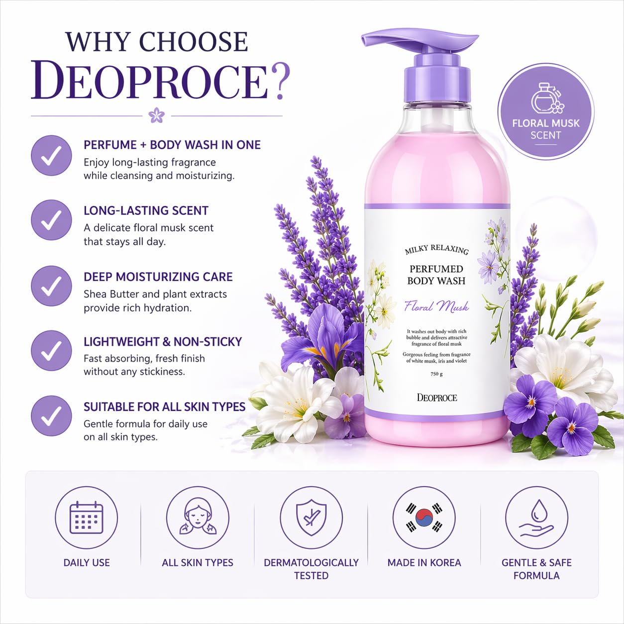 DEOPROCE Milky Relaxing Perfumed Body Wash - Floral Musk, 25.36 Oz