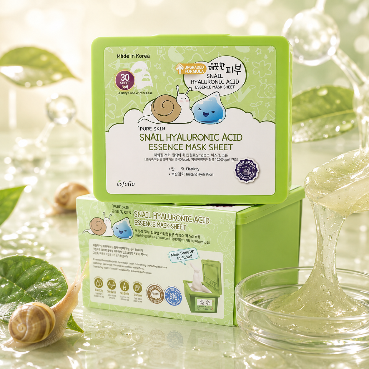 Esfolio Snail Hyaluronic Acid Essence Masks, 30Sheets