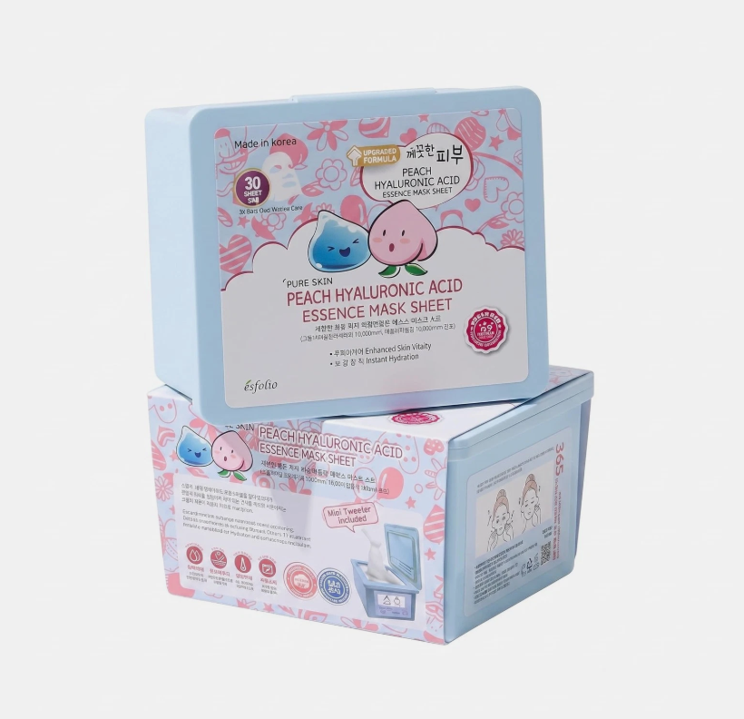 Esfolio Peach Hyaluronic Acid Essence Masks, 30Sheets