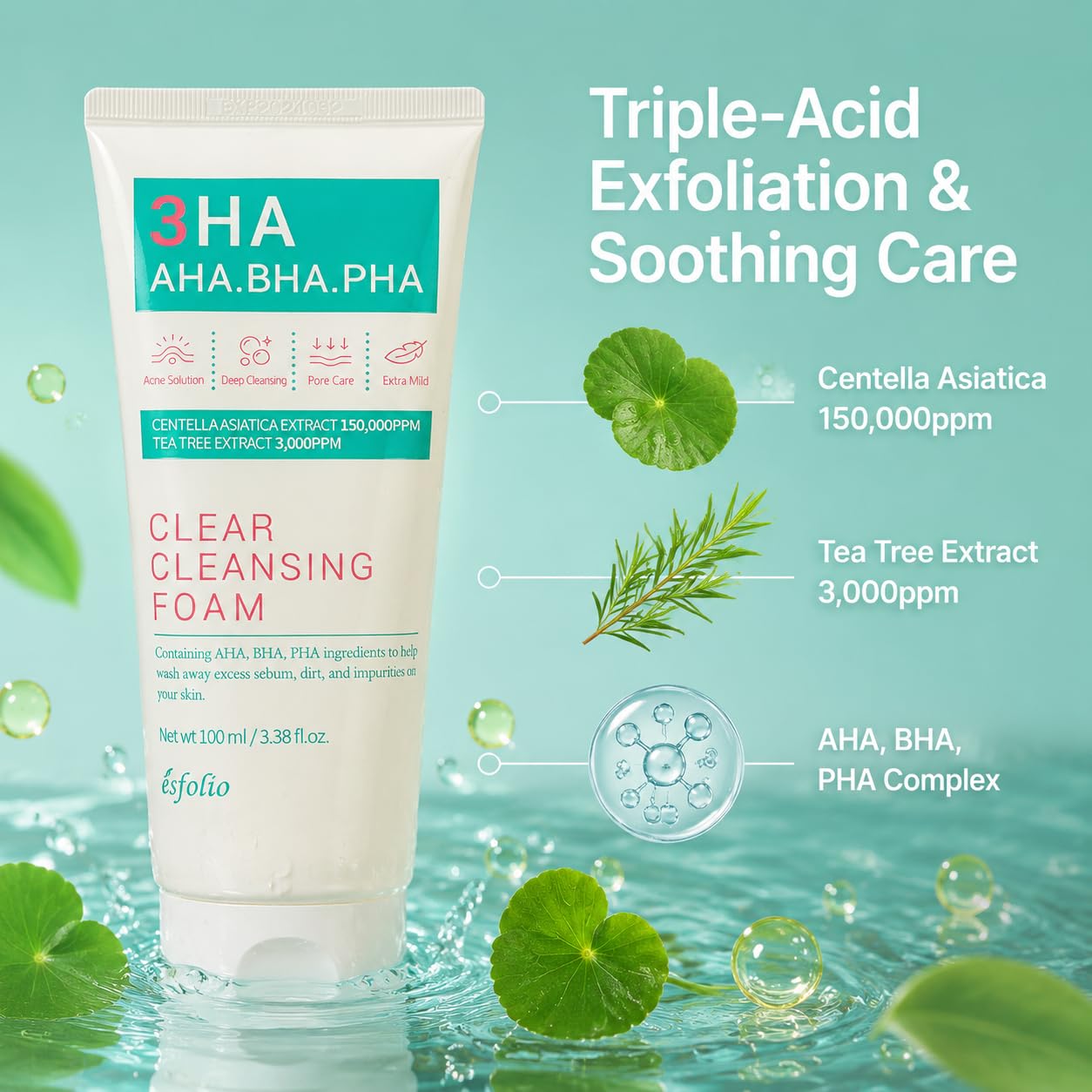Esfolio 3HA Clear Cleansing Foam, 100ml/3.38 Fl oz