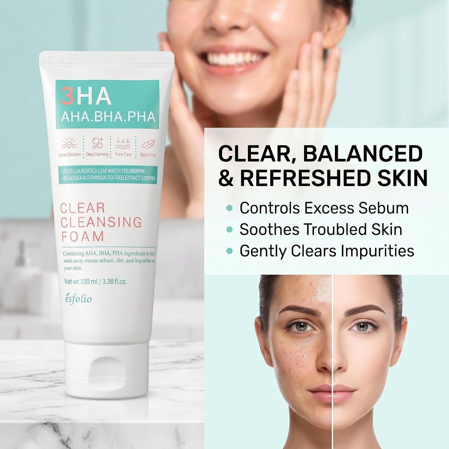 Esfolio 3HA Clear Cleansing Foam, 100ml/3.38 Fl oz