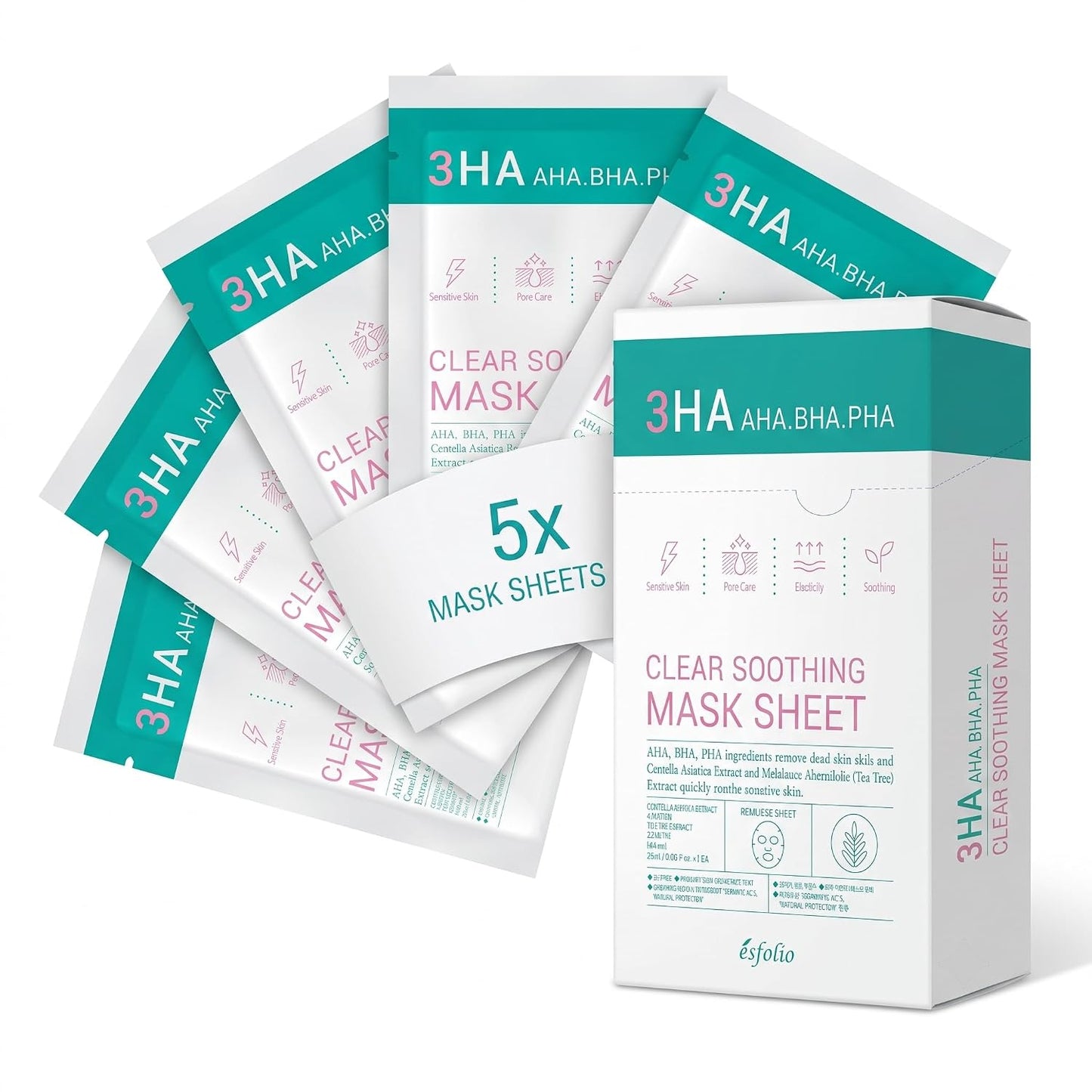 Esfolio 3HA Clear Soothing Mask Sheet (0.85fl.oz*5 sheets)