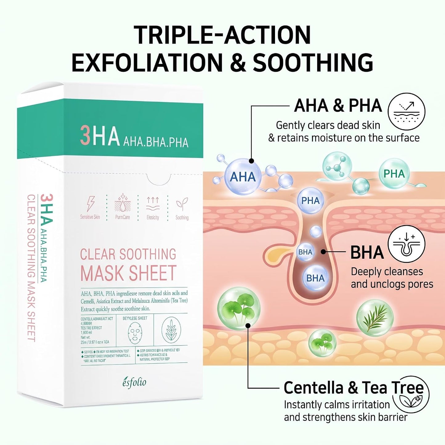 Esfolio 3HA Clear Soothing Mask Sheet (0.85fl.oz*5 sheets)