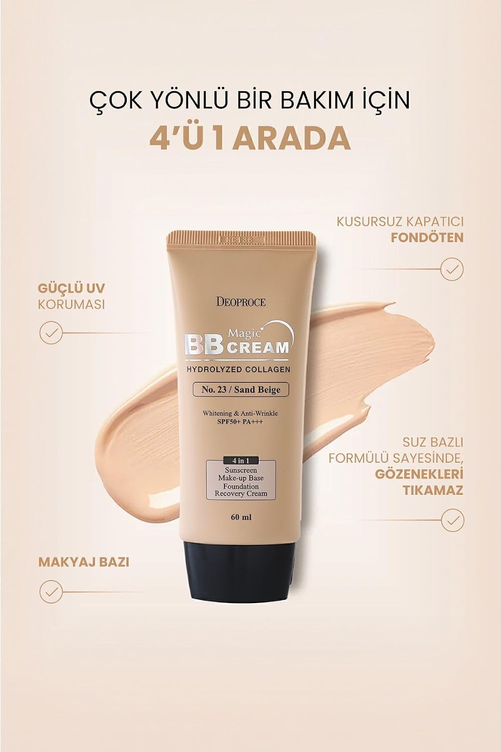 DEOPROCE Magic BB Cream SPF50+ PA+++ (60 ML) | 4-in-1 Foundation, Makeup Base, Sunscreen & Recovery Cream