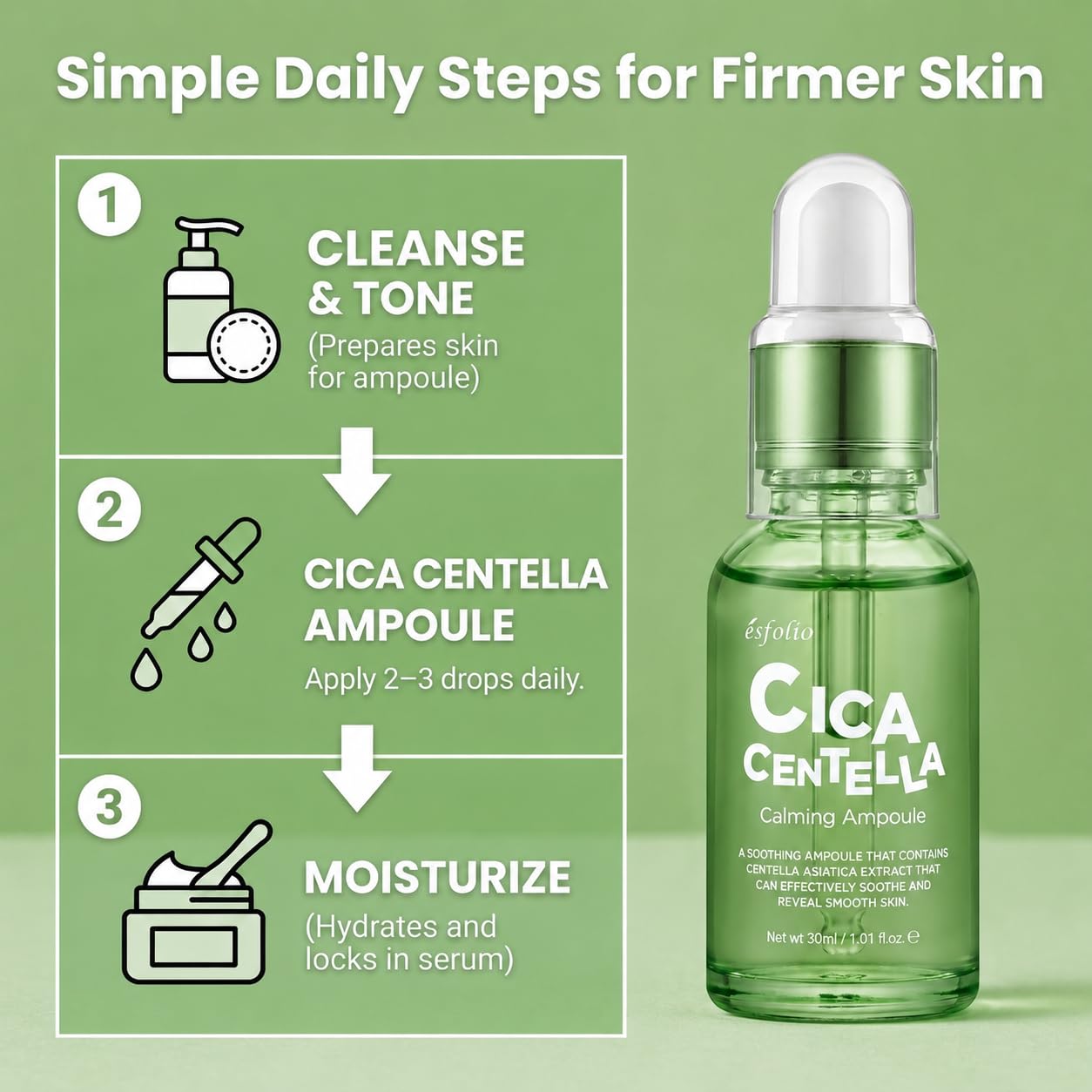 Esfolio Made in Korea Cica Centella Calming Ampoule, 1.01 fl oz / 30ml