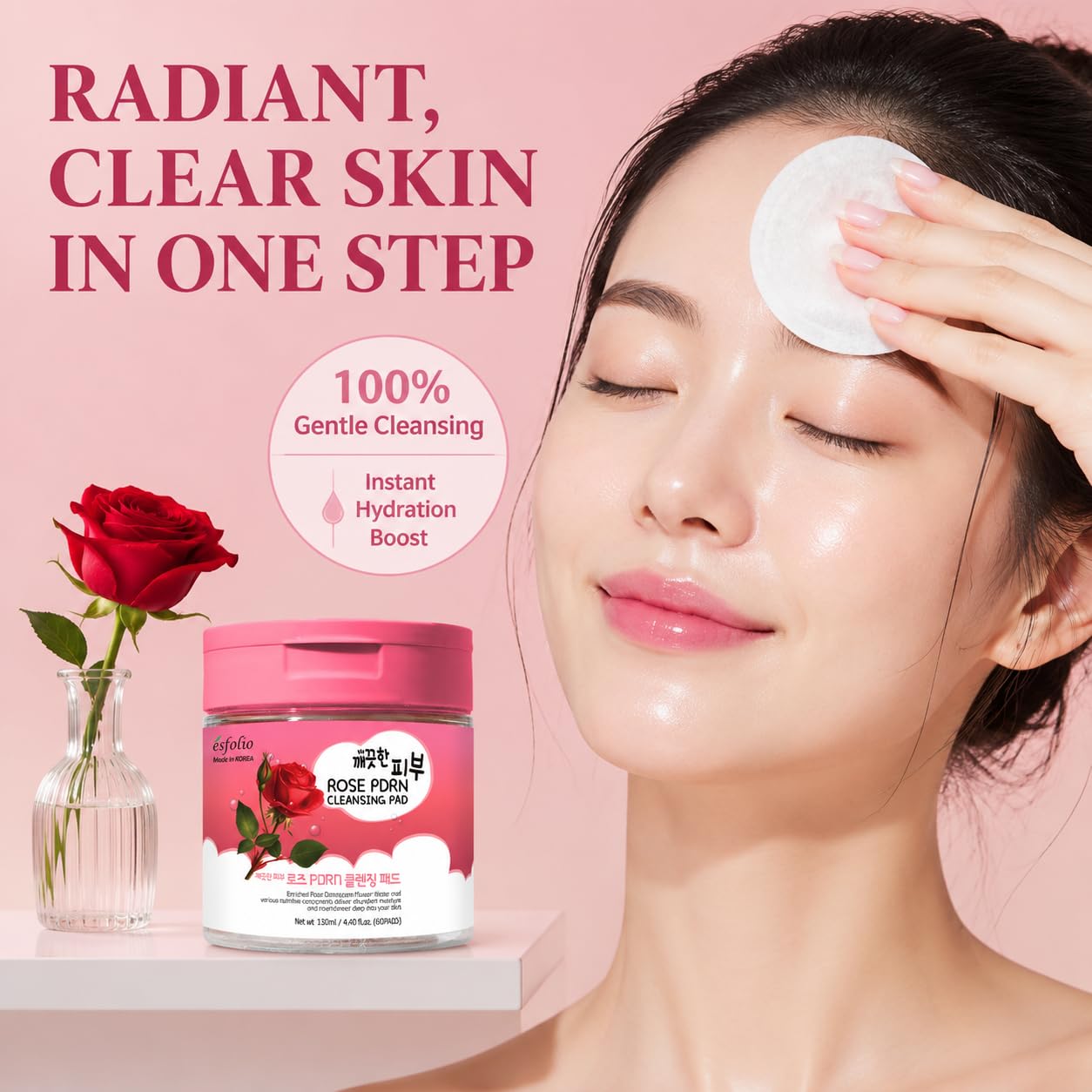 Esfolio PDRN Rose Cleansing Pad with Rice and Rose PDRN Extract, 60pads