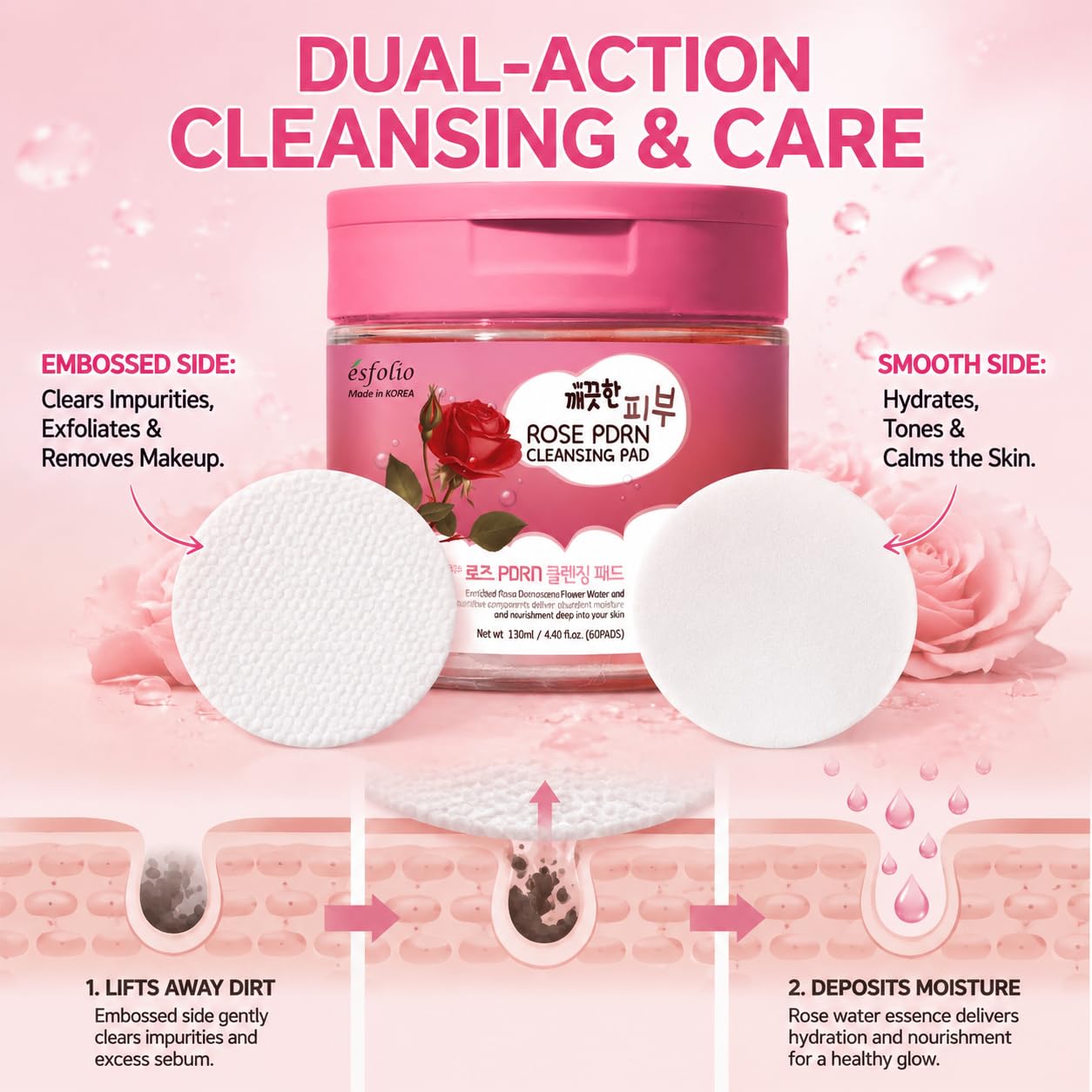 Esfolio PDRN Rose Cleansing Pad with Rice and Rose PDRN Extract, 60pads