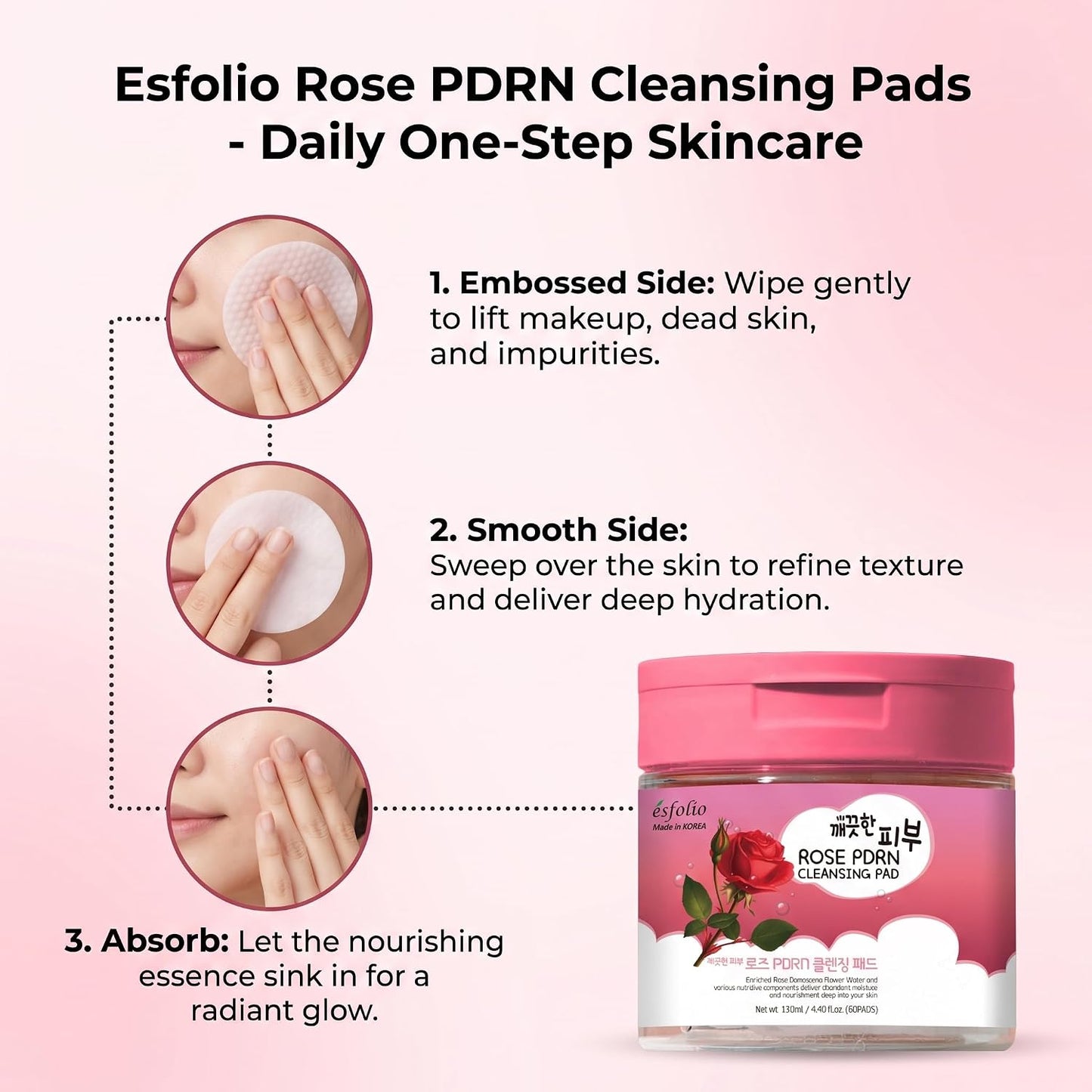 Esfolio PDRN Rose Cleansing Pad with Rice and Rose PDRN Extract, 60pads