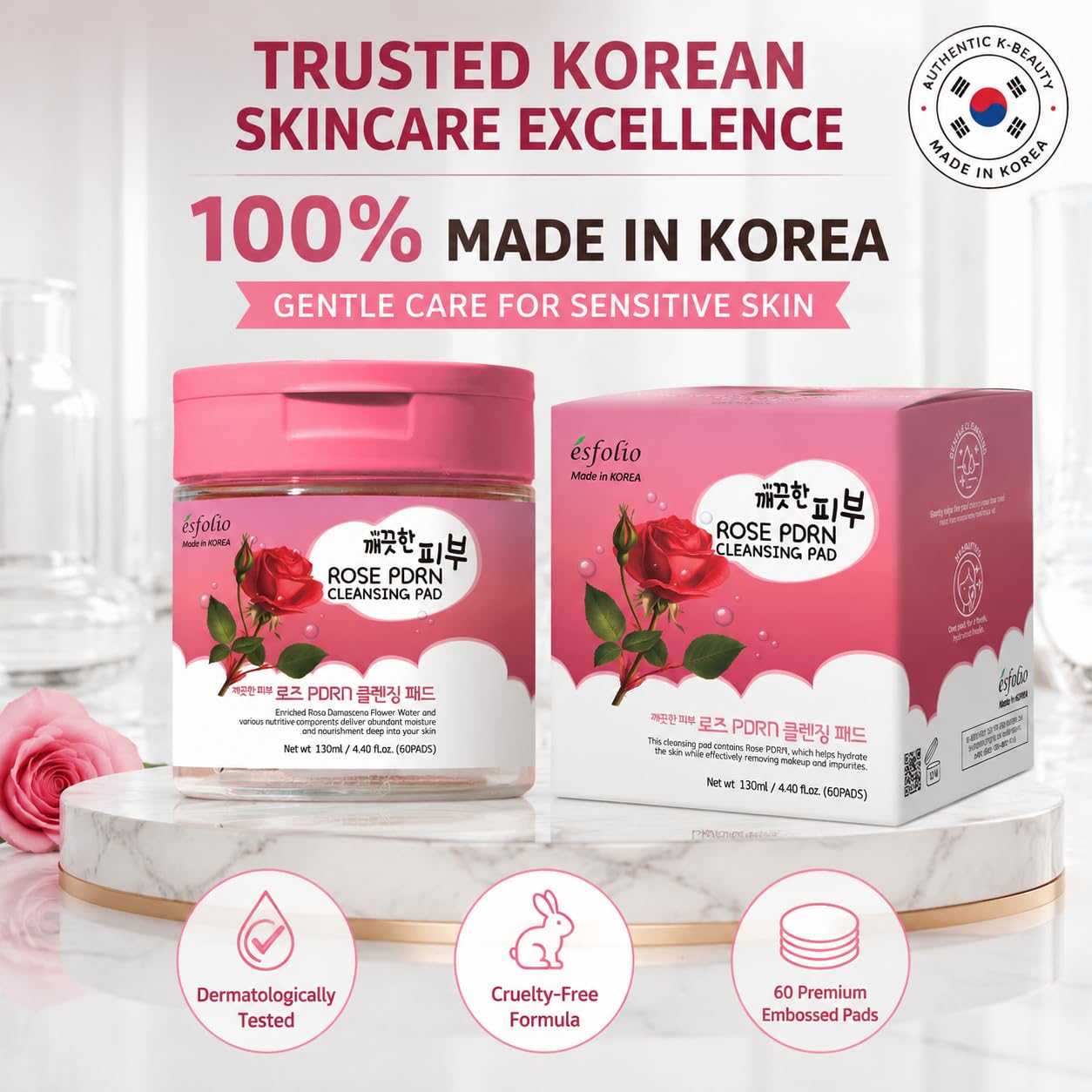 Esfolio PDRN Rose Cleansing Pad with Rice and Rose PDRN Extract, 60pads