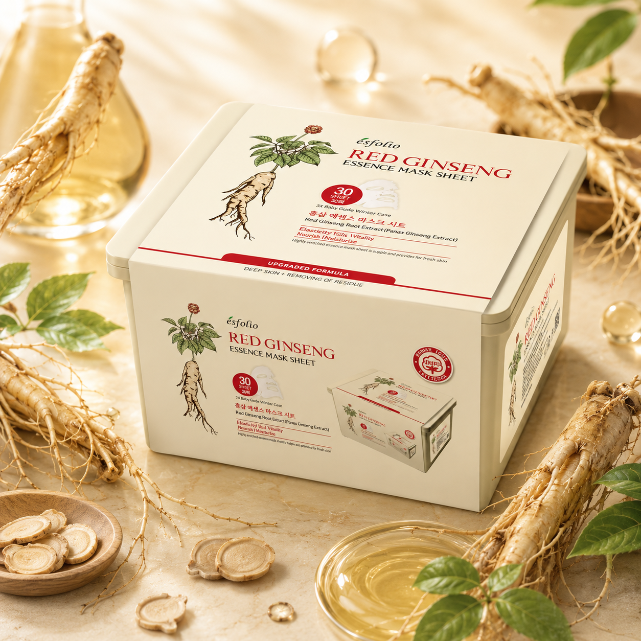 Esfolio Red Ginseng Essence Facial Mask Sheets, 30Sheets